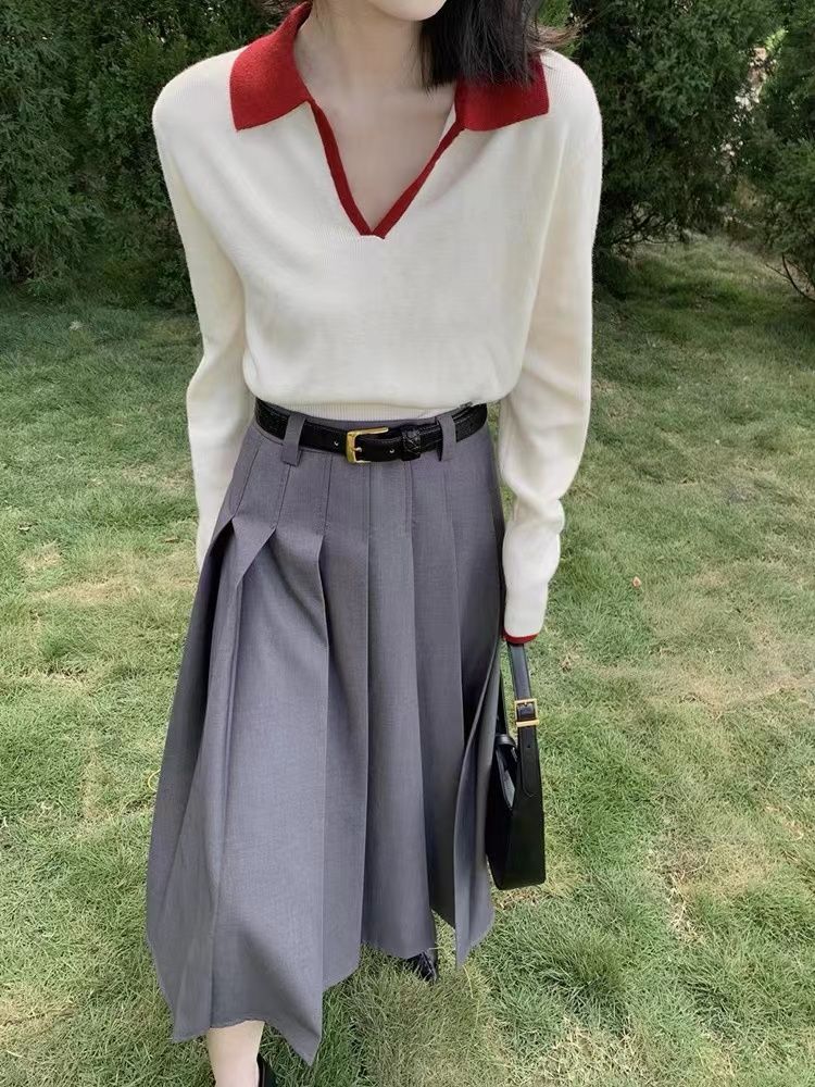 Retro soft waxy POLO collar knitted women's autumn new design feeling loose lazy style gentle inner top mercerized cotton