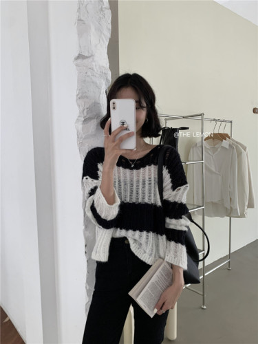 Striped knitted blouse women's  early spring new design sense niche thin section hollow loose sunscreen shirt top