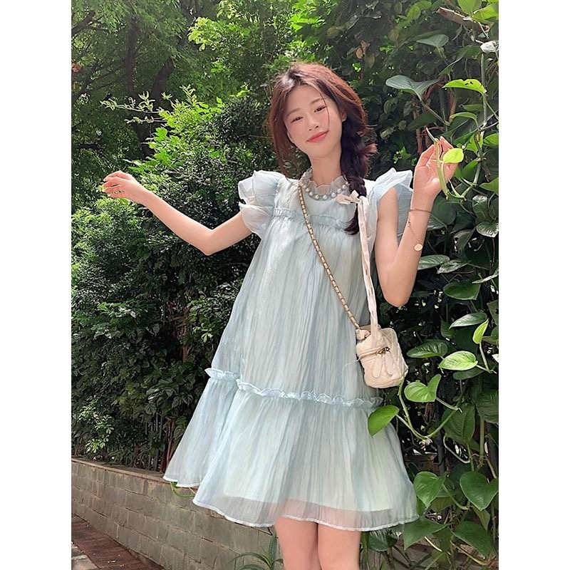 Flying sleeve chiffon dress women's summer 2023 new style pearl collar high-quality loose bellflower skirt with wooden ears