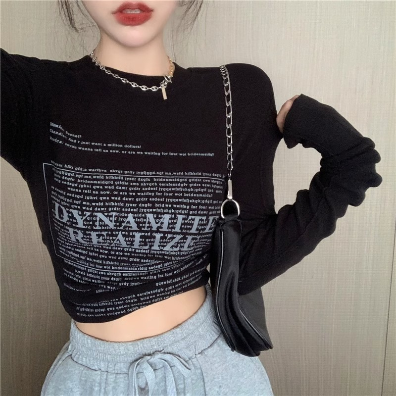 American Slim Spice Girl Style Stitching Long Sleeve T-Shirt Female Spring Retro Short Shoulder Top