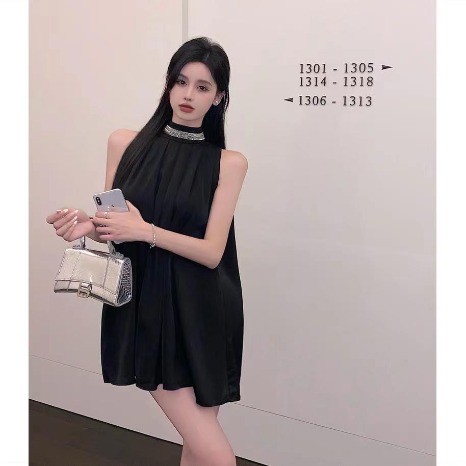 Free belt Halter neck top dress women's summer skirt loose a-line off-shoulder temperament short