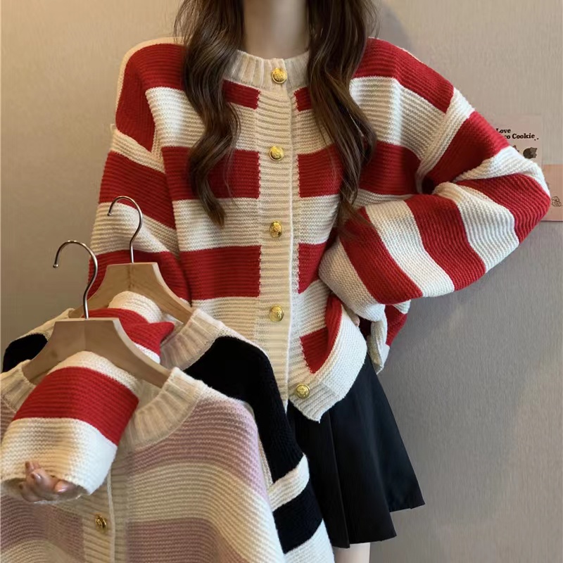 2023 new casual all-match large stripe design contrast color cardigan knitted top women