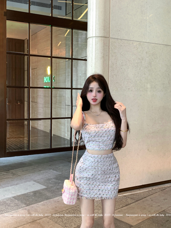 Real price real price color pink small fragrance bright silk tassel edge temperament sexy suspender top + hip skirt