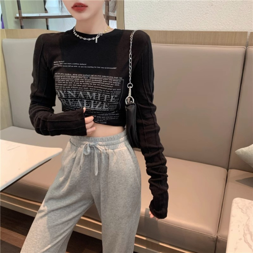 American Slim Spice Girl Style Stitching Long Sleeve T-Shirt Female Spring Retro Short Shoulder Top