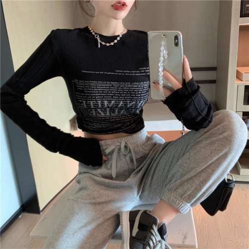 American Slim Spice Girl Style Stitching Long Sleeve T-Shirt Female Spring Retro Short Shoulder Top