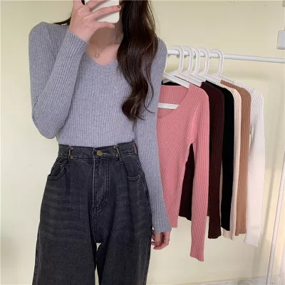 New V-neck long-sleeved bottoming sweater versatile slim pullover sweater women