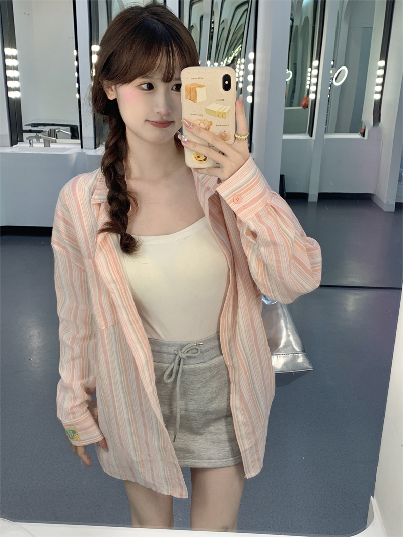 早秋新款韓系少女彩色條紋襯衣寬鬆棉麻長袖防曬襯衫