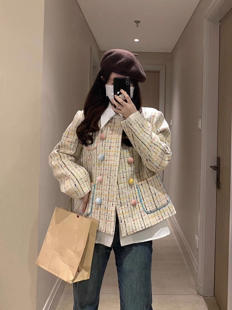 High-quality small fragrance short jacket women's 2023 early autumn new loose color woven plaid jacket tops
