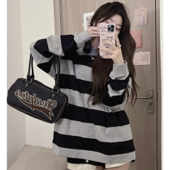 2023 New Big Fish Scale Autumn Retro Striped Sweater Women's Loose Large Version Mid-Length Style