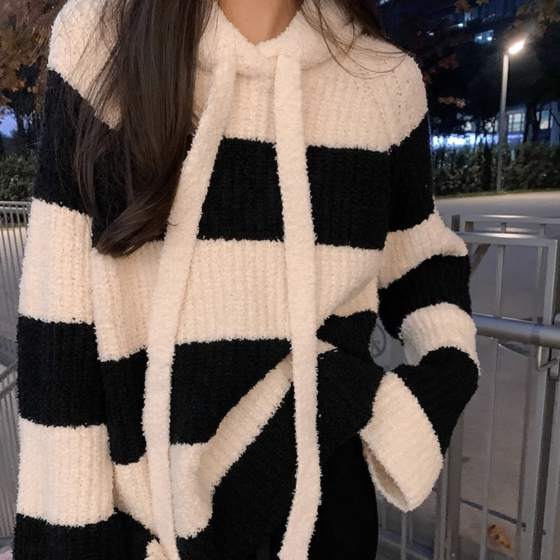 Gentle blouse Korean autumn and winter soft glutinous pullover high-end sense hooded loose lazy wind color contrast striped sweater women