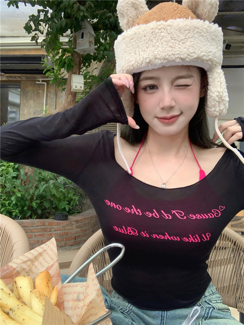 ~Pure Desire Spice Girl One Shoulder Printed Knit Top Sunscreen Thin T-Shirt + Halter Neck Camisole
