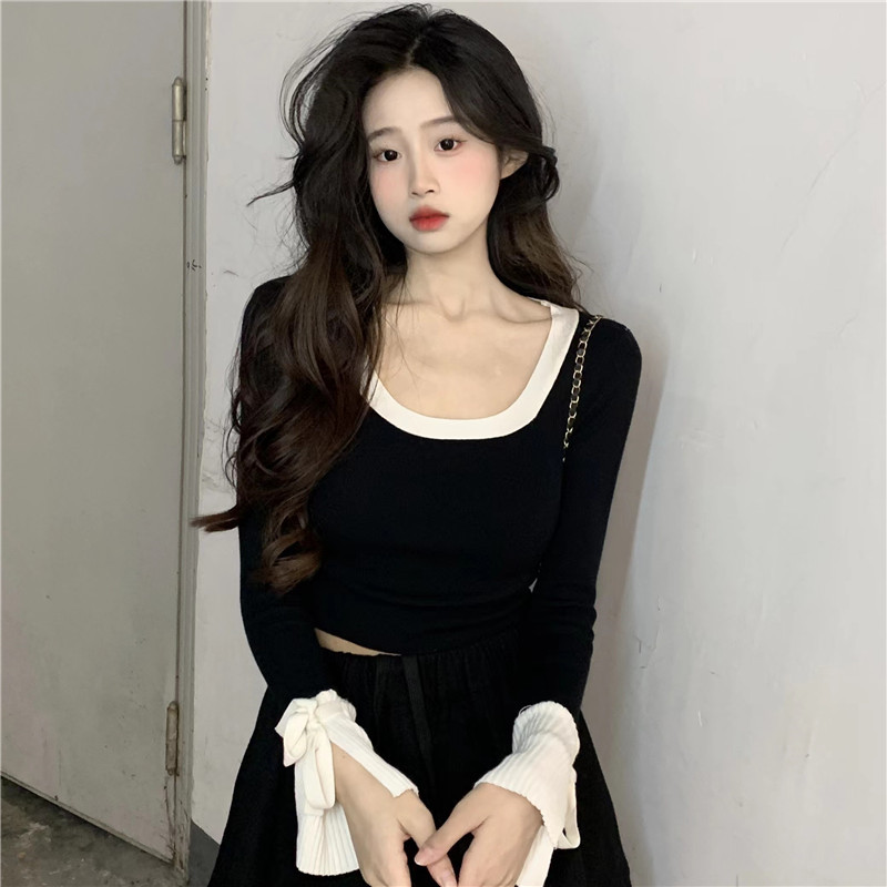 Early autumn new American retro long-sleeved knitted bottoming shirt for women round neck versatile short top