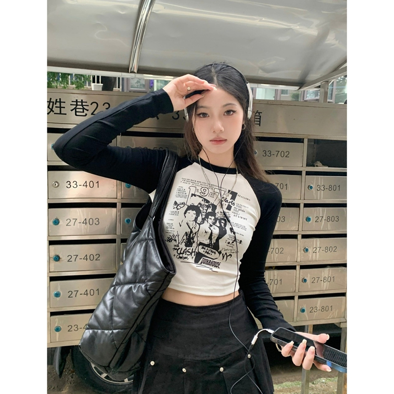 Official picture 6535 pull frame cotton American retro print contrast color raglan all-match hot girl short long-sleeved T-shirt