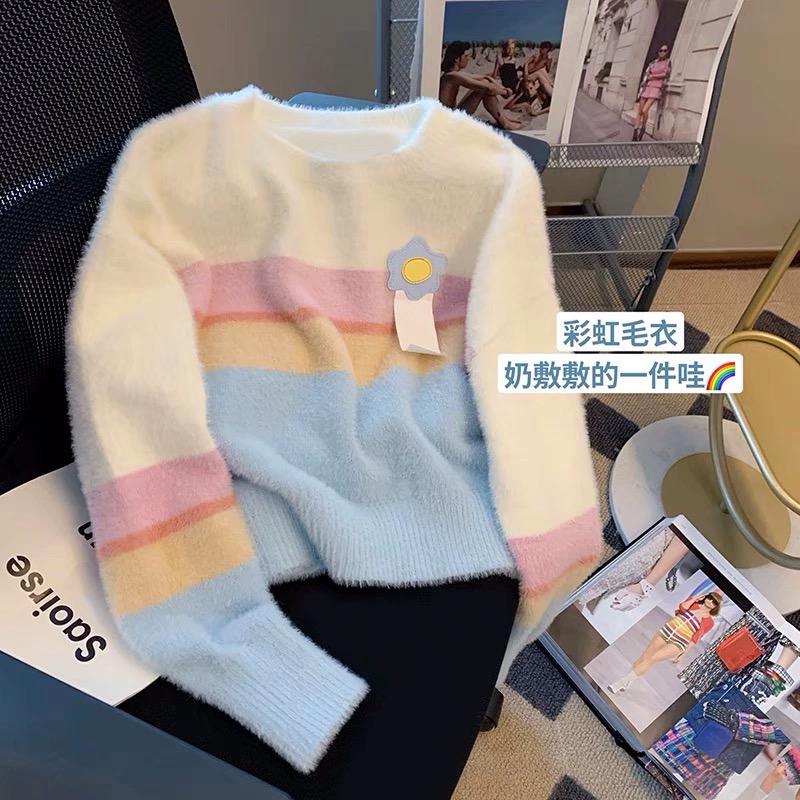 French rainbow striped soft waxy sweater sweater women's autumn new design sense niche sweet sweet age-reducing top trend