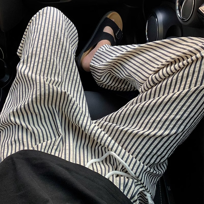 American retro vertical striped pants women's summer 2023 new style small loose slim casual straight wide leg pants