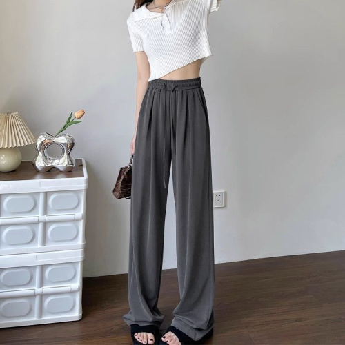 American retro vertical striped pants women's summer  new style small loose slim casual straight wide leg pants