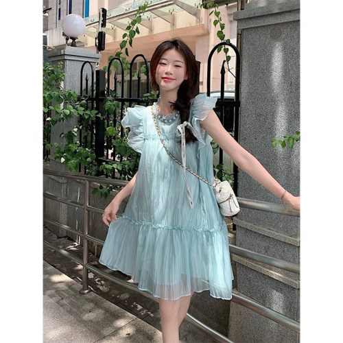 Flying sleeve chiffon dress women's summer 2023 new style pearl collar high-quality loose bellflower skirt with wooden ears