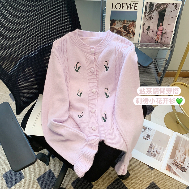 French Heavy Industry Embroidery Knit Cardigan Women Autumn Handmade Embroidery Design Flower Round Neck Long Sleeve Sweater
