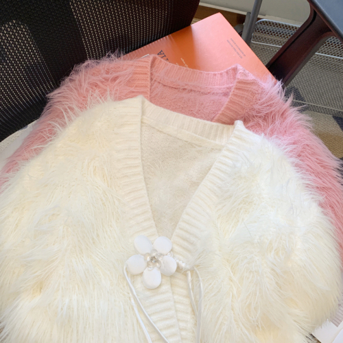 水貂绒V领毛衣外套女冬新款甜美设计感加厚长袖针织上衣