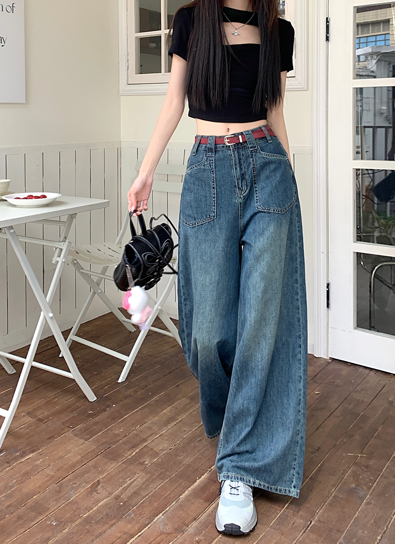 2023 Autumn New Washed Distressed Jeans Women's High Waist Straight Casual American Wide Leg Pants