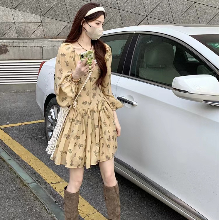 With zipper Korean version of super sweet temperament yellow floral dress 2023 autumn new retro thin tea break skirt