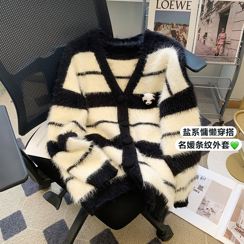 2023 sweater women's autumn and winter mink hair cute age-reducing stripes lazy loose soft waxy v-neck knitted coat