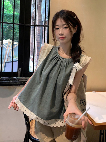 Lace Stitching Denim Shirt Women's Summer New Design Retro Loose Slim Chic French Top