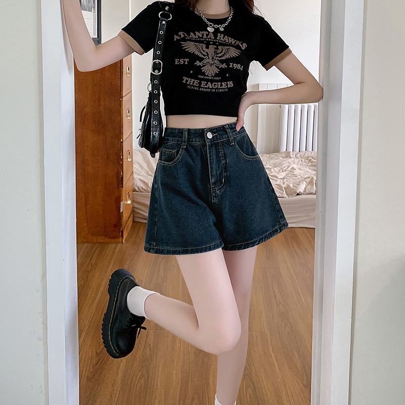 ~High waist American street jeans summer 2023 new retro loose wide leg shorts women