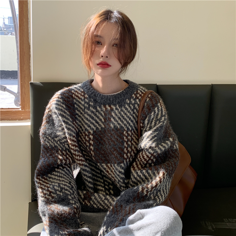Mohair thickened outerwear niche sweater jacket women retro lazy style pullover knitted top women