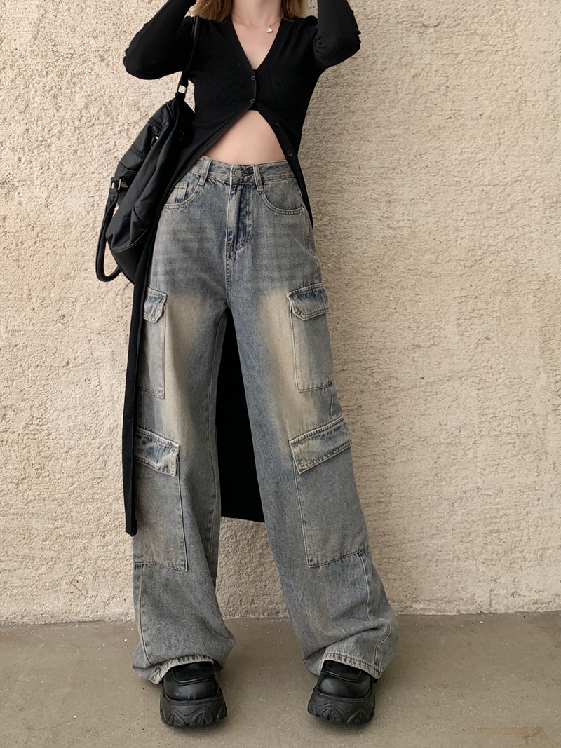 New style high waist denim trousers women's design sense large pocket tooling straight leg mopping trousers