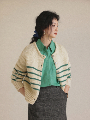 French Nicepeoplecoco style high weight Icelandic hair thick needle striped knitted cardigan jacket female spring