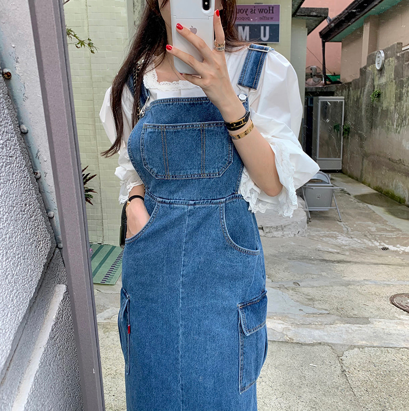 denim strap work dress
