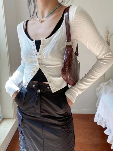  Korean Retro Casual Top Two-piece Set Early Autumn Sweet and Spicy Style Slim Short Knitted Jacket