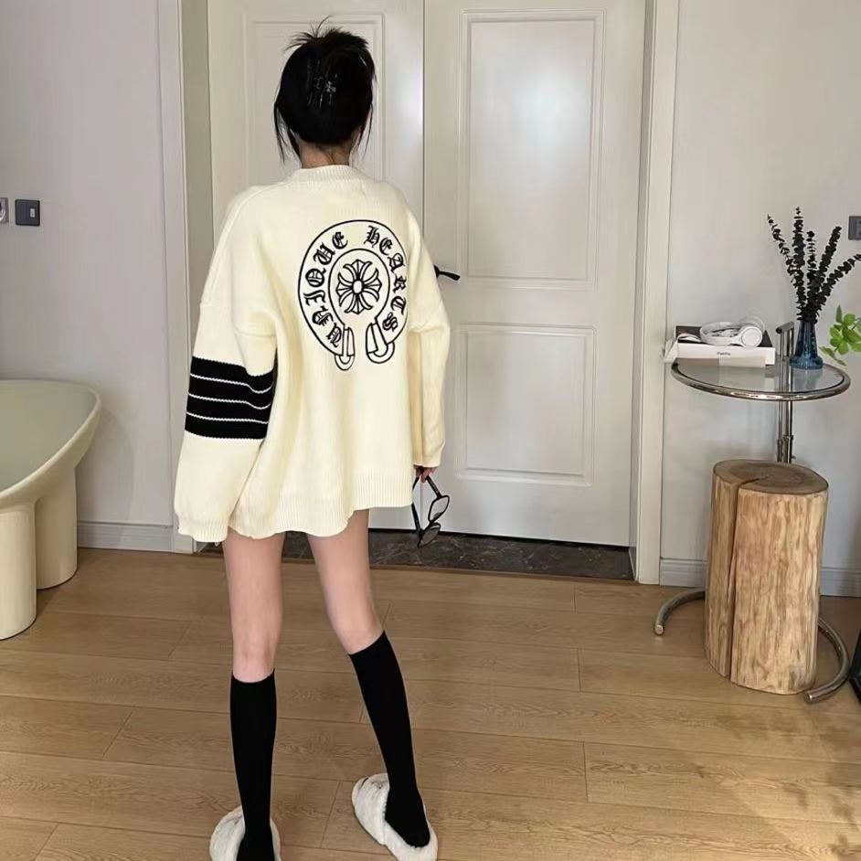 Net red same style 23ss autumn and winter new Crowe knitting embroidery Sanskrit cross four bars splicing striped jacket