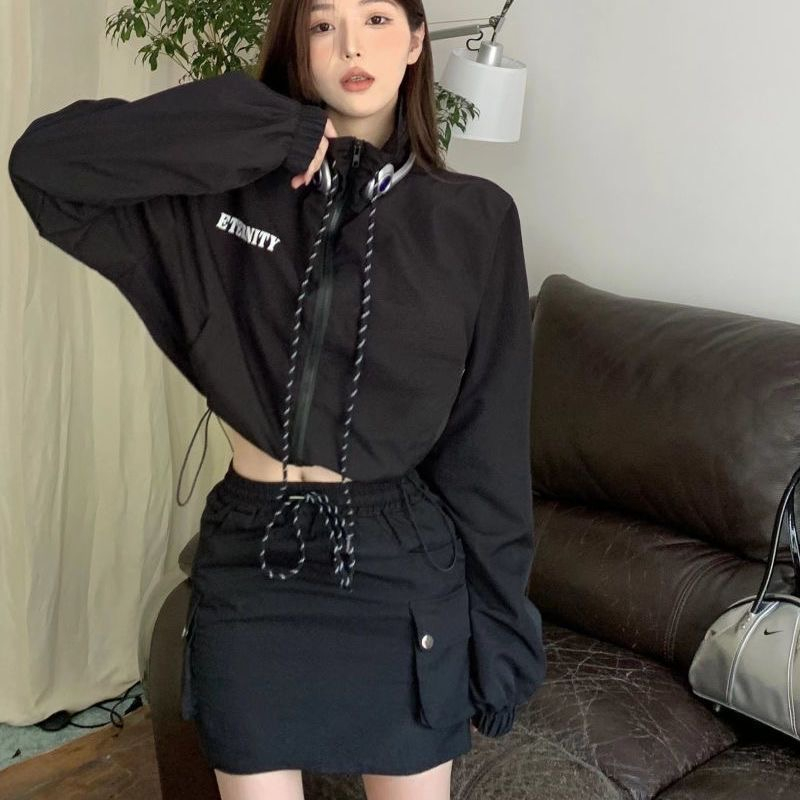 Retro Hong Kong style all-match short motorcycle jacket spring and autumn women's windbreaker hot girl high waist skirt couple tooling suit