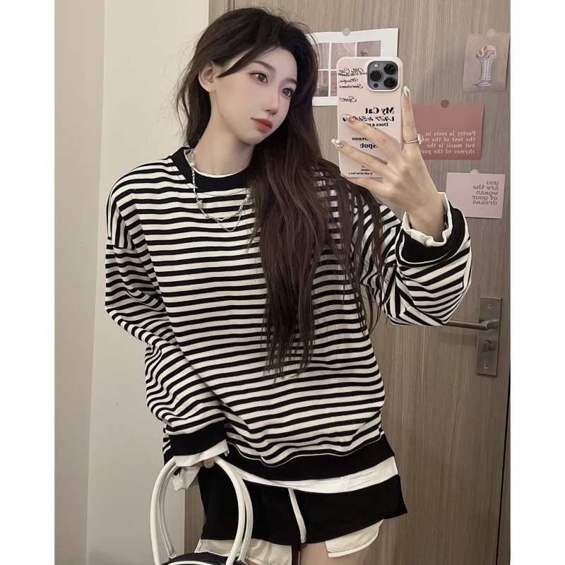 Cotton piqué autumn clothing Korean style splicing sweater women's ins trendy striped loose top