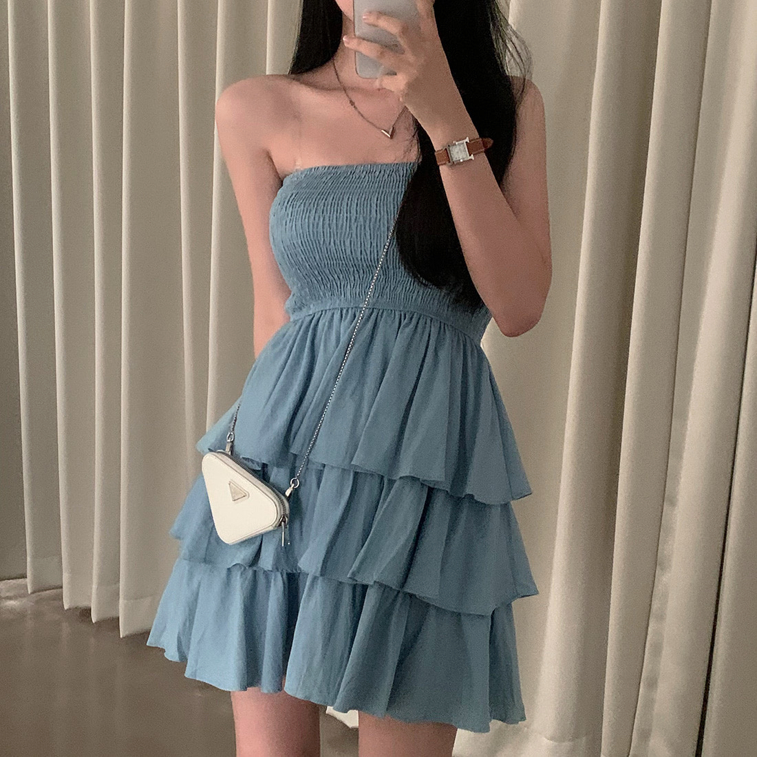 Korean chic new retro sweet tube top dress female slim slim all-match cake skirt