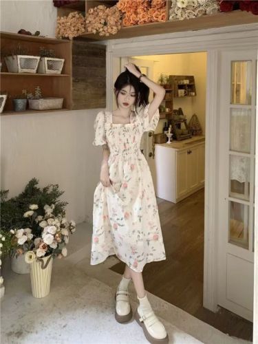 French style gentle style sweet square collar floral tea break dress