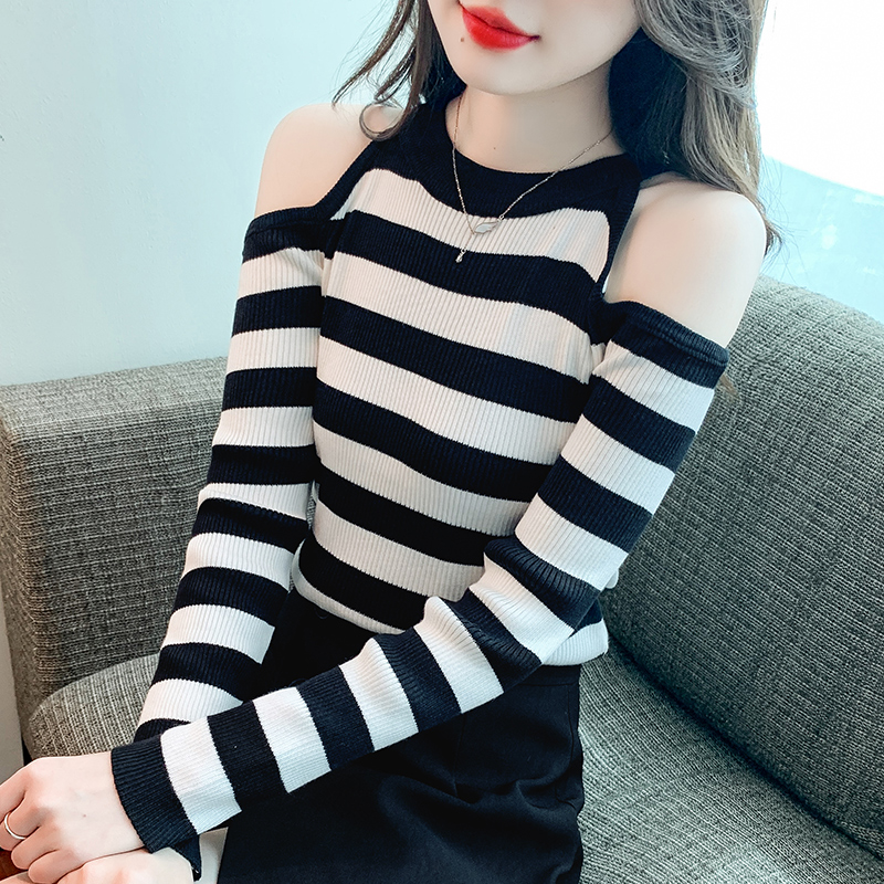 Shipped 2023 autumn new round neck strapless long-sleeved knitted sweater striped sweater