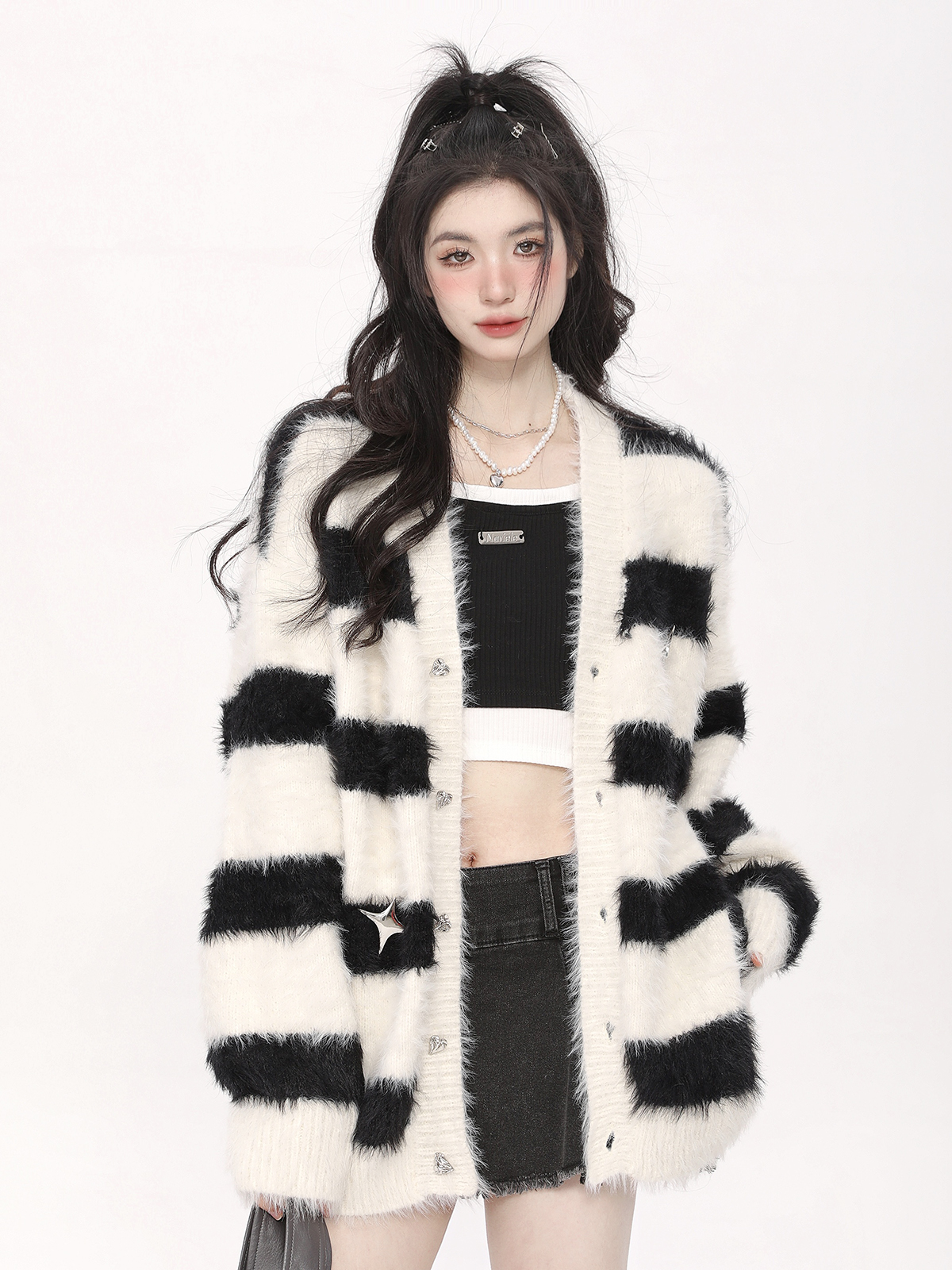AONW national tide homemade tide brand imitation mink wool cardigan sweater loose all-match striped knitted top lazy coat