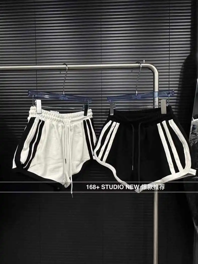 Stitching color contrast drawstring striped shorts women's summer new sports A-line elastic high waist wide-leg casual hot pants