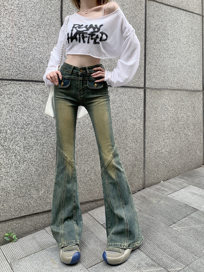 New style stretch micro-flared denim trousers women's design pocket flap splicing wide-leg trousers