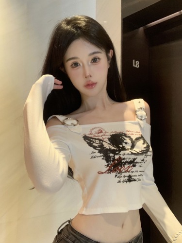 Western-style sling off-the-shoulder slimming printed long-sleeved T-shirt
