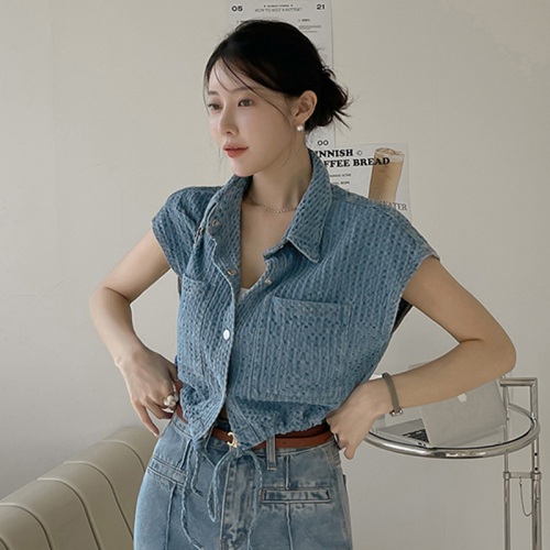 Korean chic autumn French retro lapel single-breasted pocket design sleeveless vest denim jacket women