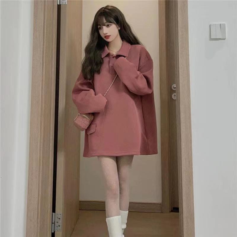 6535 Fish Scale Back Wrap Collar Pink POLO Collar Sweater Long Sleeve Couple Loose Mid-length Versatile Top Women