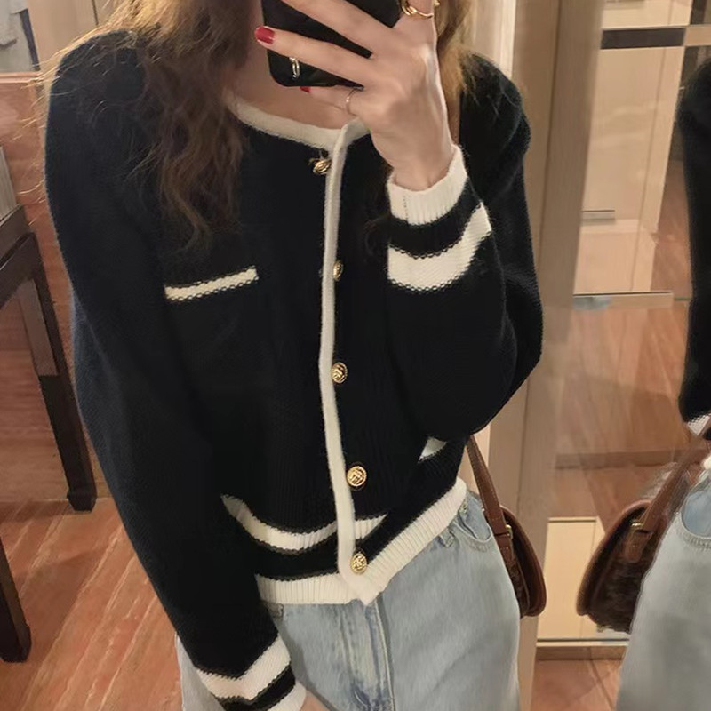 Purple small fragrance sweater cardigan women's short style contrast color edge ins style Korean retro top