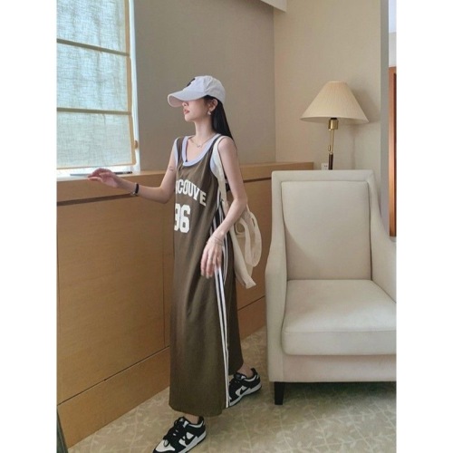 Summer Sports Sleeveless Pullover Round Neck Print Loose Casual Maxi Dress