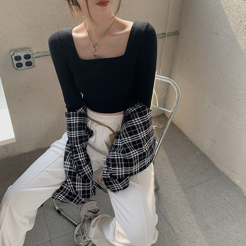 Square collar short top women's autumn clothes new self-cultivation bottoming shirt long-sleeved T-shirt women