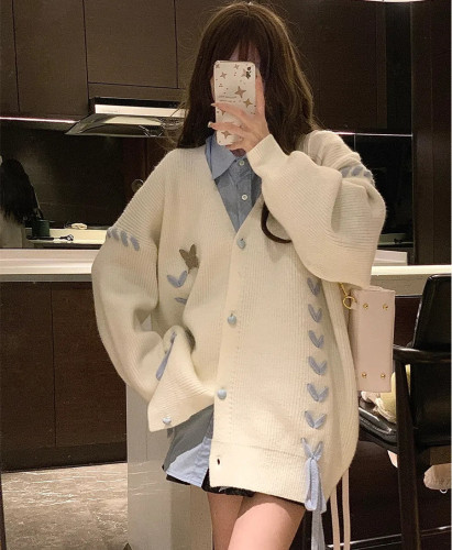 Korean version of the lazy college style strap soft waxy knitted cardigan jacket women's outerwear sweater long-sleeved shirt top suit