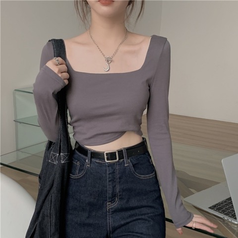 Square collar short top women's autumn clothes new self-cultivation bottoming shirt long-sleeved T-shirt women